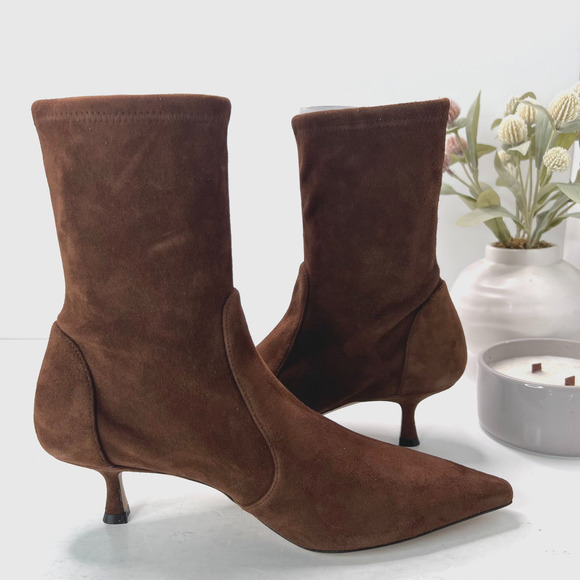 Stuart Weitzman Naomi 50 Suede Boot Pointed Toe Kitten Heel Deep Coffee Women 11 - Picture 7 of 11